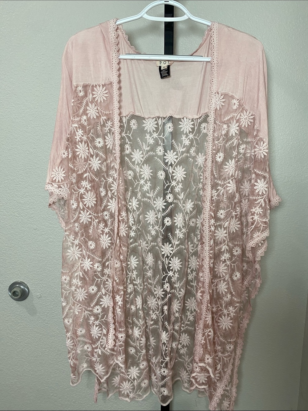 POL Blush Pink Sheer Floral Embroidered Tunic Kimono